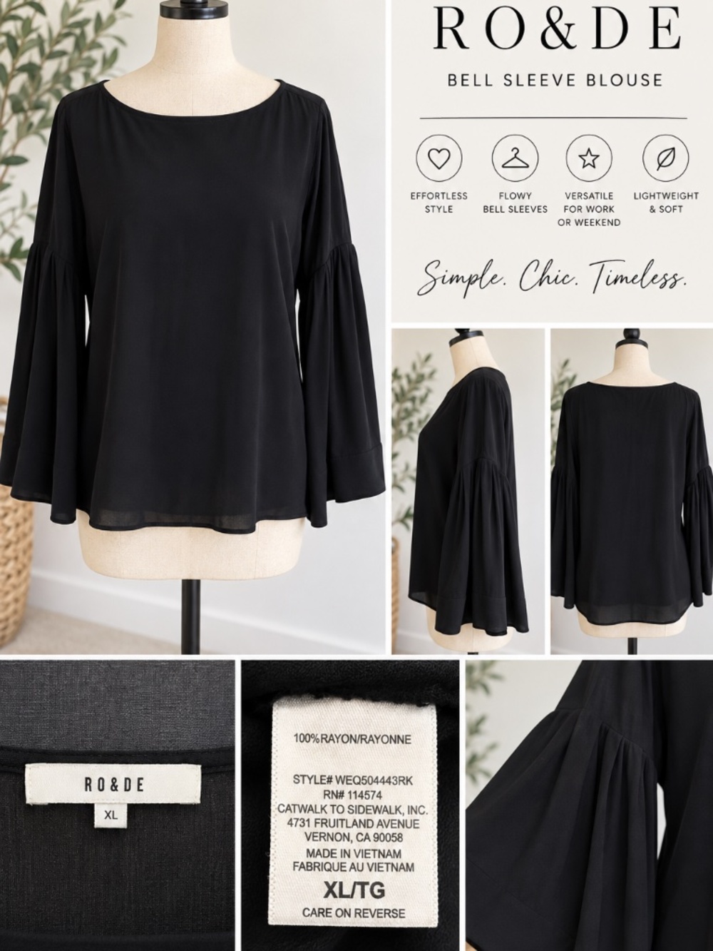 RODE Black Bell Sleeve Blouse Size XL | Elegant Statement Top